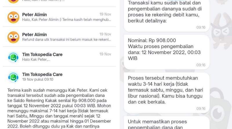 Pesanan hilang, refund dana belum diterima dari Tokopedia