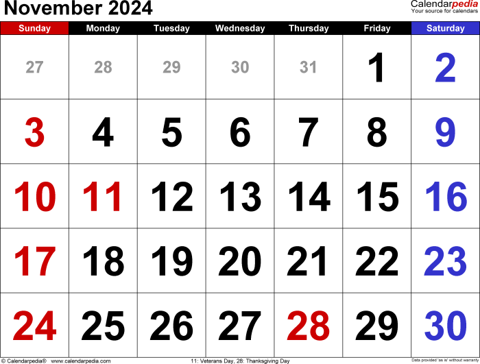 Chutogel : Kalender November 2024 lengkap